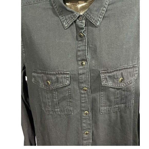 GAP Black Wash Denim Ling Sleeve Snap Button Front Cotton Dress Front & Side Poc - Picture 3 of 6